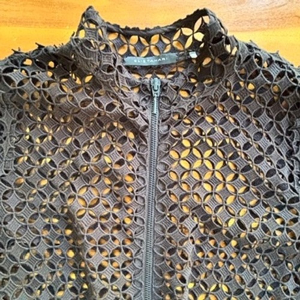 Elie Tahari Crochet Lace Zip Jacket Black XS‎ Modern Boho Textured